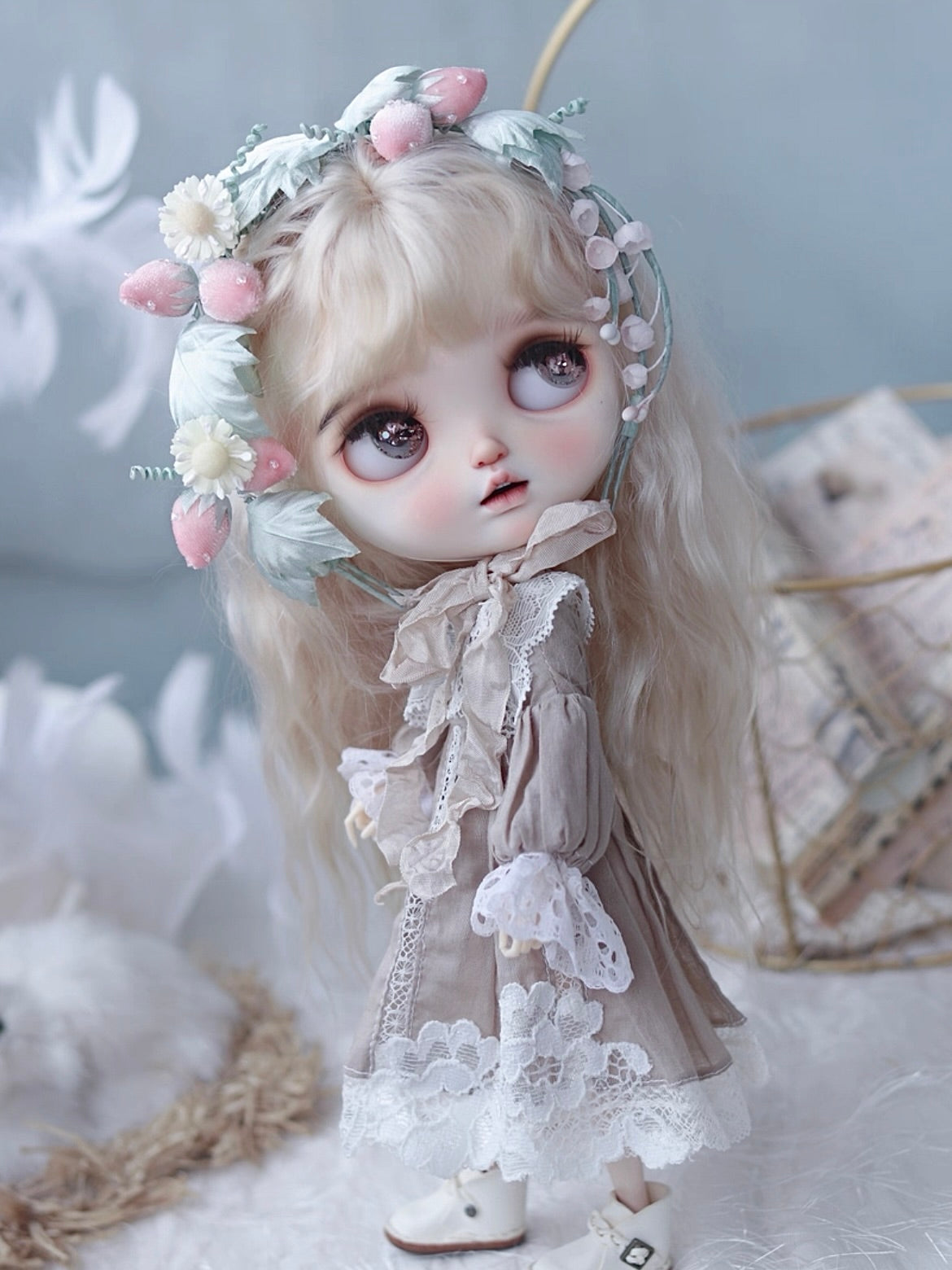 Strawberry Lily Blythe Headband - Handmade Doll Headpiece - ToastDoll