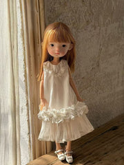 White Ruched Cotton Blythe BJD Dress On Doll Display | ToastDoll