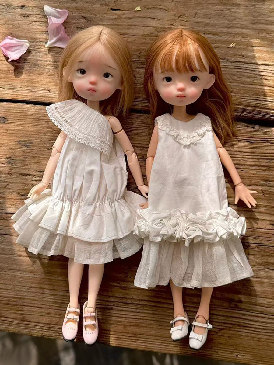 White Ruched Cotton Blythe BJD Dress Front View | ToastDoll