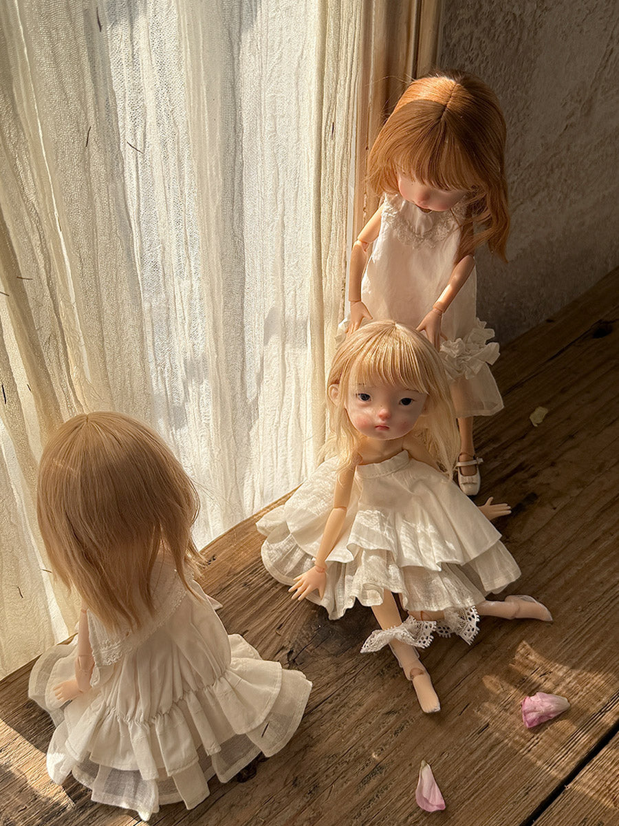 White Ruched Cotton Blythe BJD Dress Full Body View | ToastDoll