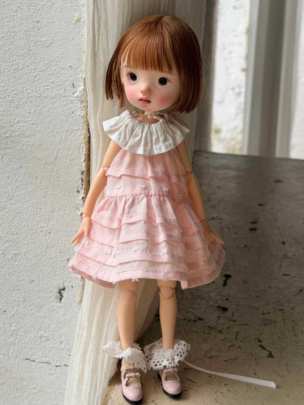 Spring Pink Cotton 1/6 BJD Dress On Doll Display | ToastDoll