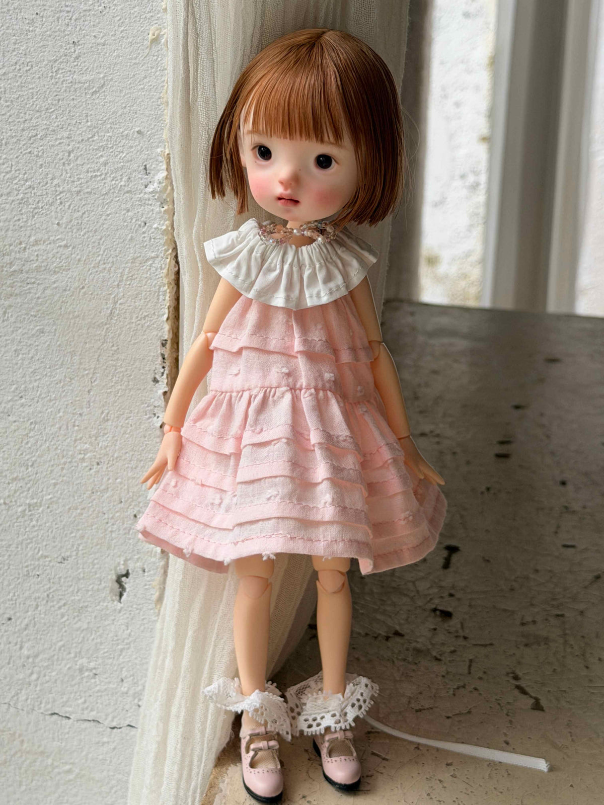 Spring Pink Cotton 1/6 BJD Dress On Doll Display | ToastDoll