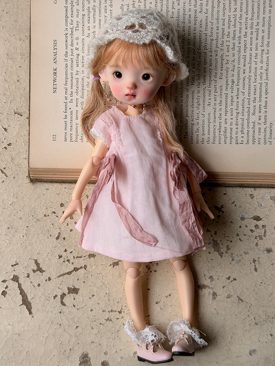 Spring Pink Cotton Blythe 1/6 BJD Bow Dress Front View | ToastDoll