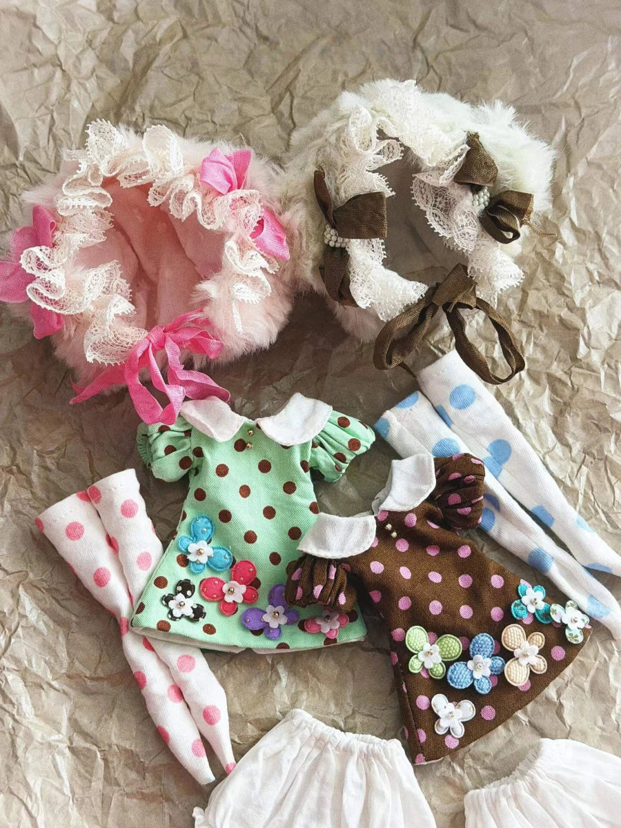 Floral Polka Dot Blythe 1/6 BJD Set - Handmade Doll Clothes - ToastDoll