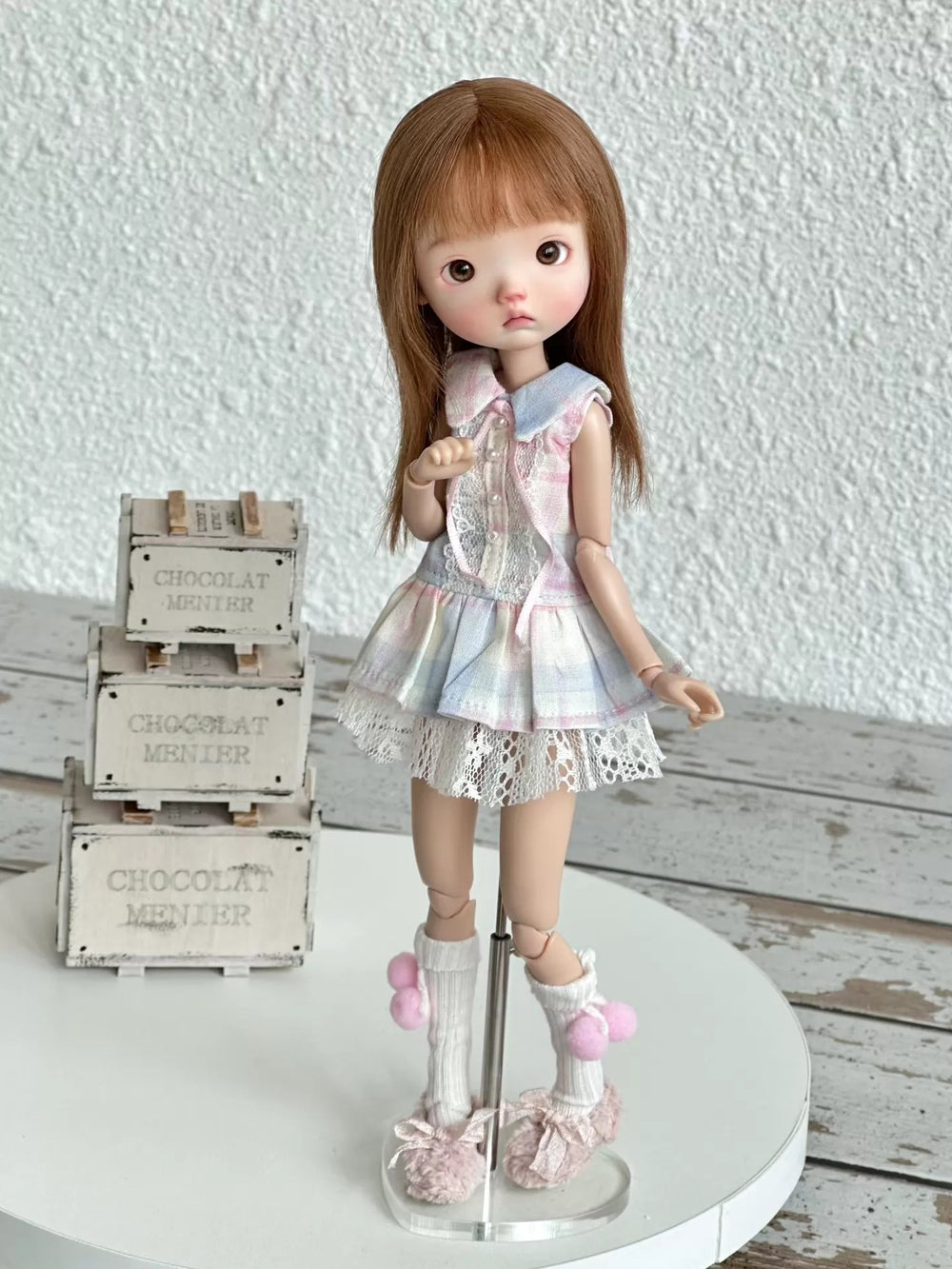 Pastel Plaid Blythe 1/6 BJD Light-Pink Set On Doll Display | ToastDoll