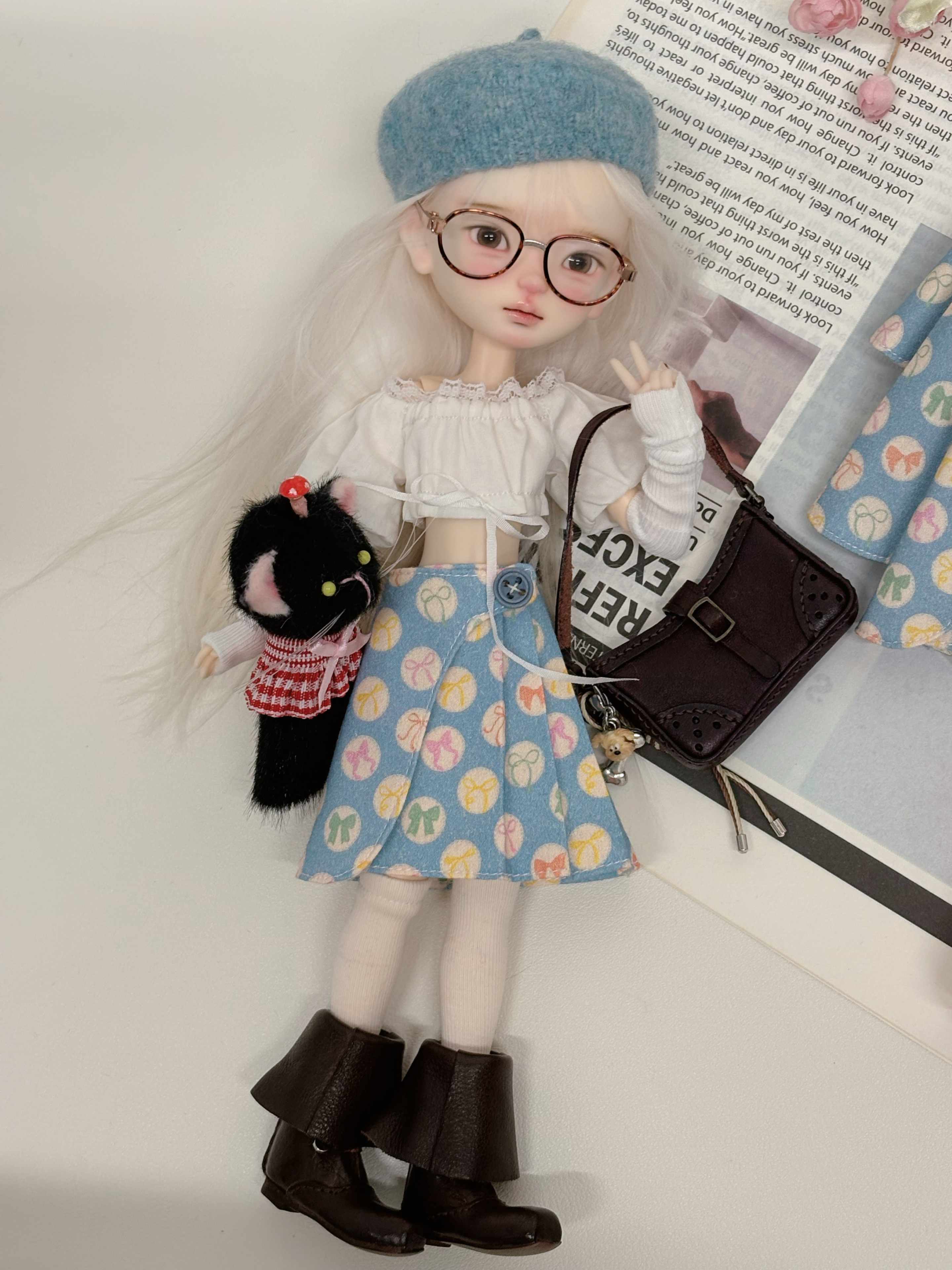 Off-Shoulder Pleated Midi Skirt Blythe Outfit Full Body View | ToastDoll