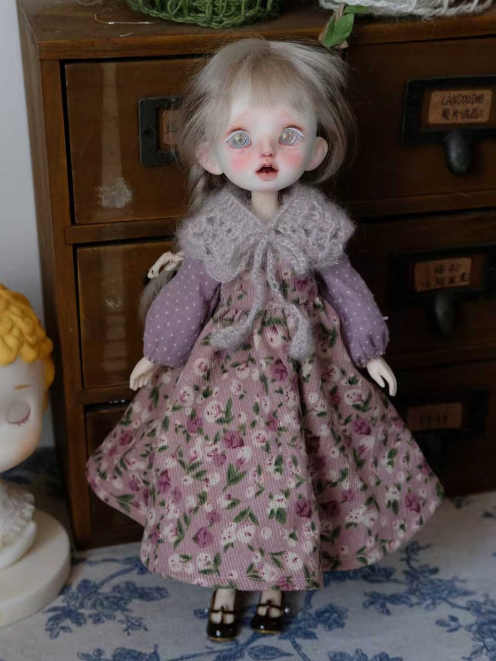 Pink Purple Floral Knit 1/6 BJD Outfit On Doll Display | ToastDoll
