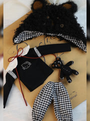 Fluffy Bear Plaid Blythe Outfit - Handmade Doll Clothes - ToastDoll