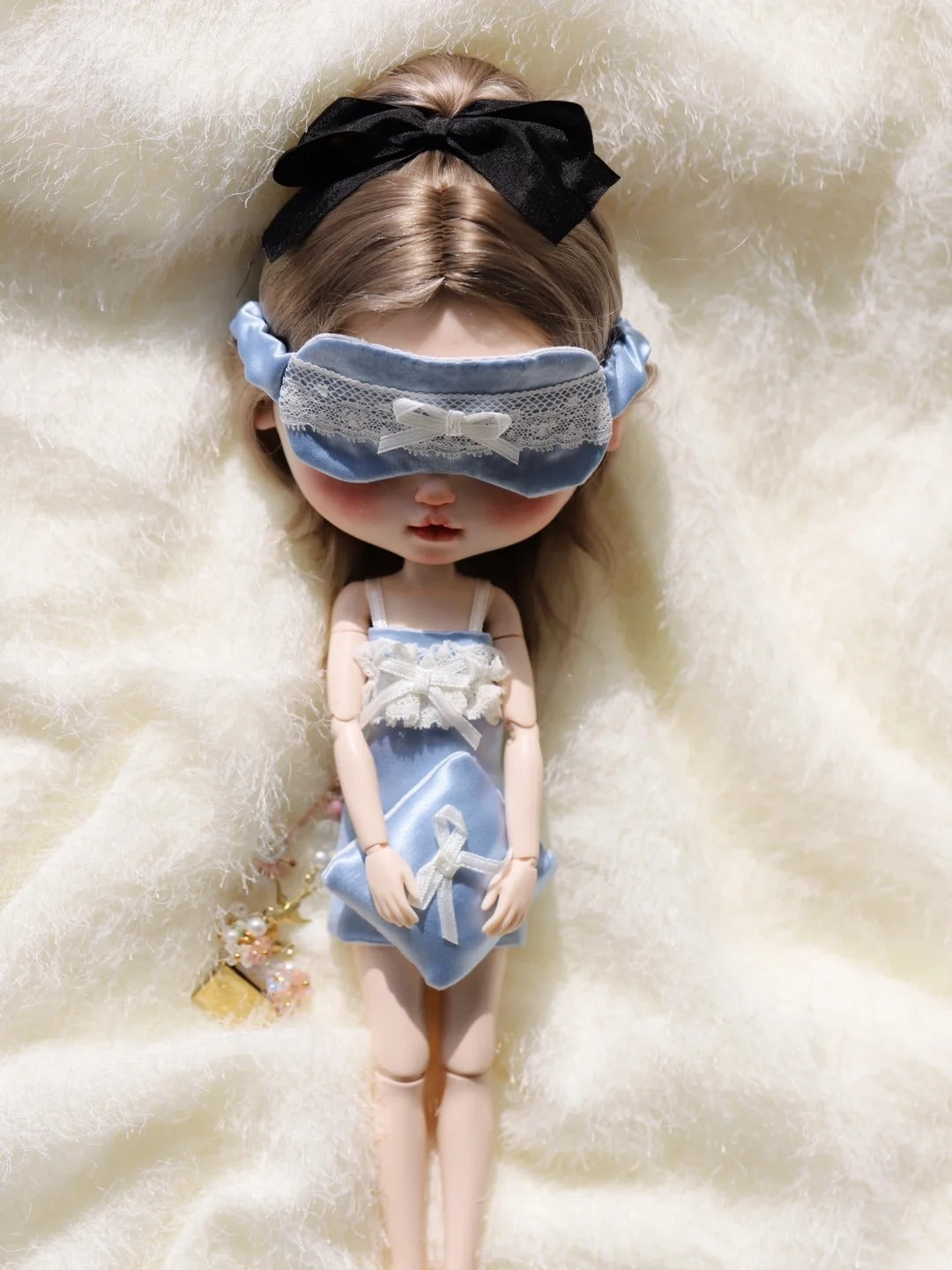 Elegant Sky-Blue Silk Lace Blythe Chemise On Doll Display | ToastDoll