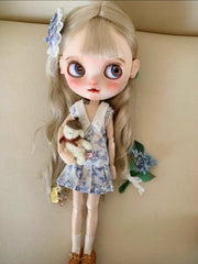 Vintage Blue Floral Blythe Dress Set Full Body View | ToastDoll