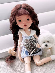 Brown Low Twin Braids With Bangs Handmade 1/6 BJD Wig On Doll Display | ToastDoll