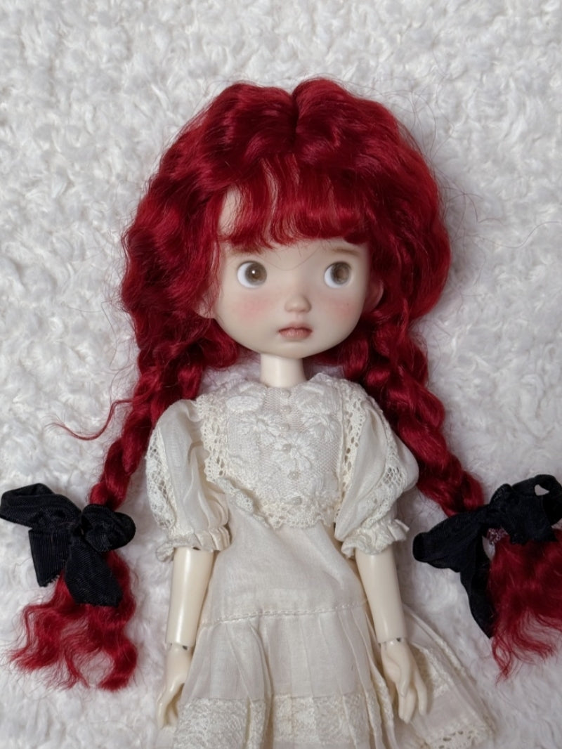 Wine Red Low Twin Braids With Bangs Handmade 1/6 BJD Wig | ToastDoll