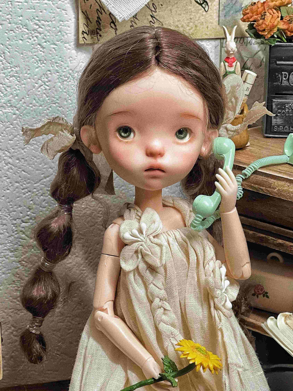 Brown Low Bubble Braids Handmade 1/6 BJD Wig On Doll Display | ToastDoll