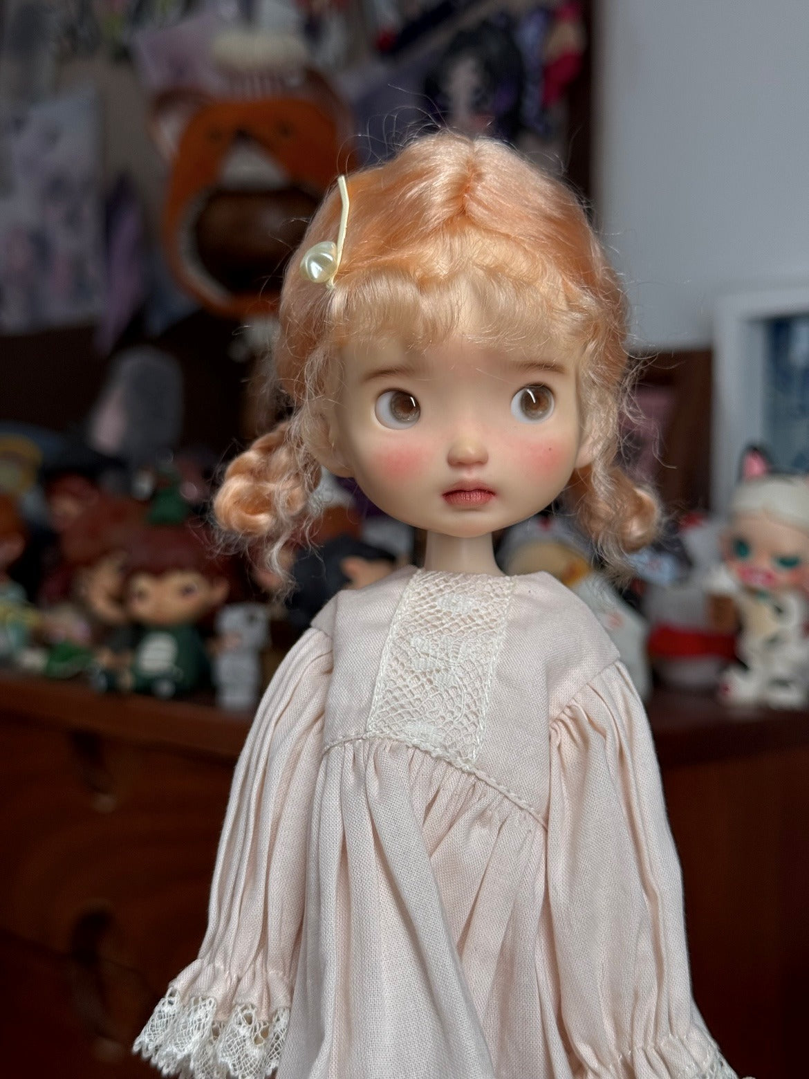 Curly Bangs Twin Braided Buns BJD Wig - Handmade Doll Hair - ToastDoll