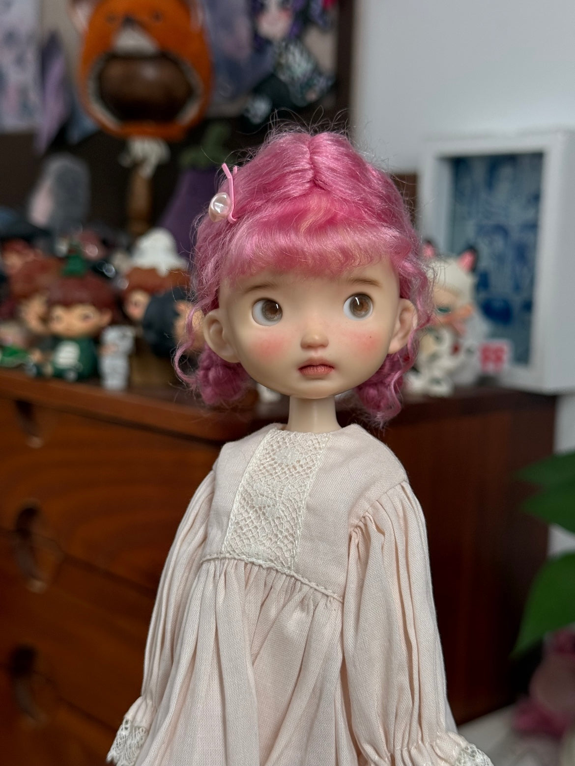 Curly Bangs Twin Braided Buns BJD Wig - Handmade Doll Hair - ToastDoll