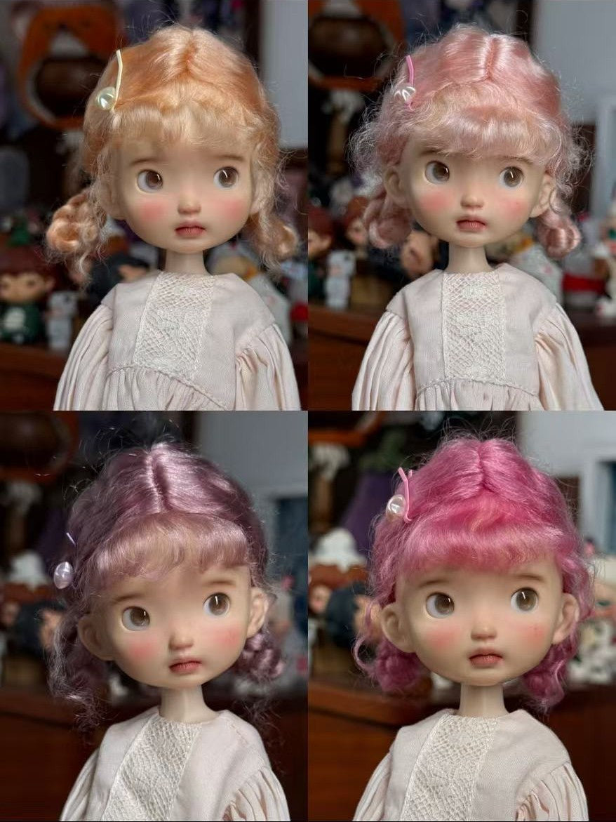 Curly Bangs Twin Braided Buns BJD Wig - Handmade Doll Hair - ToastDoll