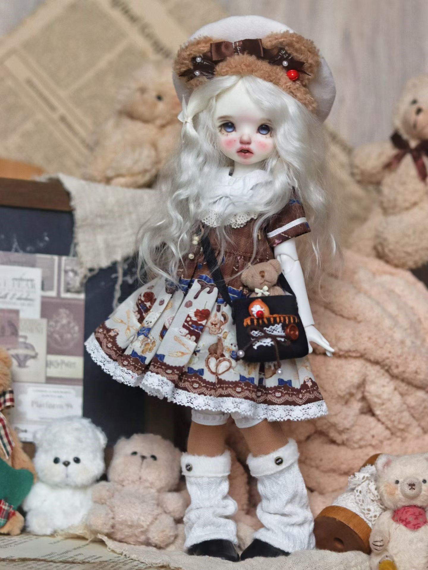 Handmade Outfit for BJD, Bear Plaid Outerwear Cartoon Dress Set