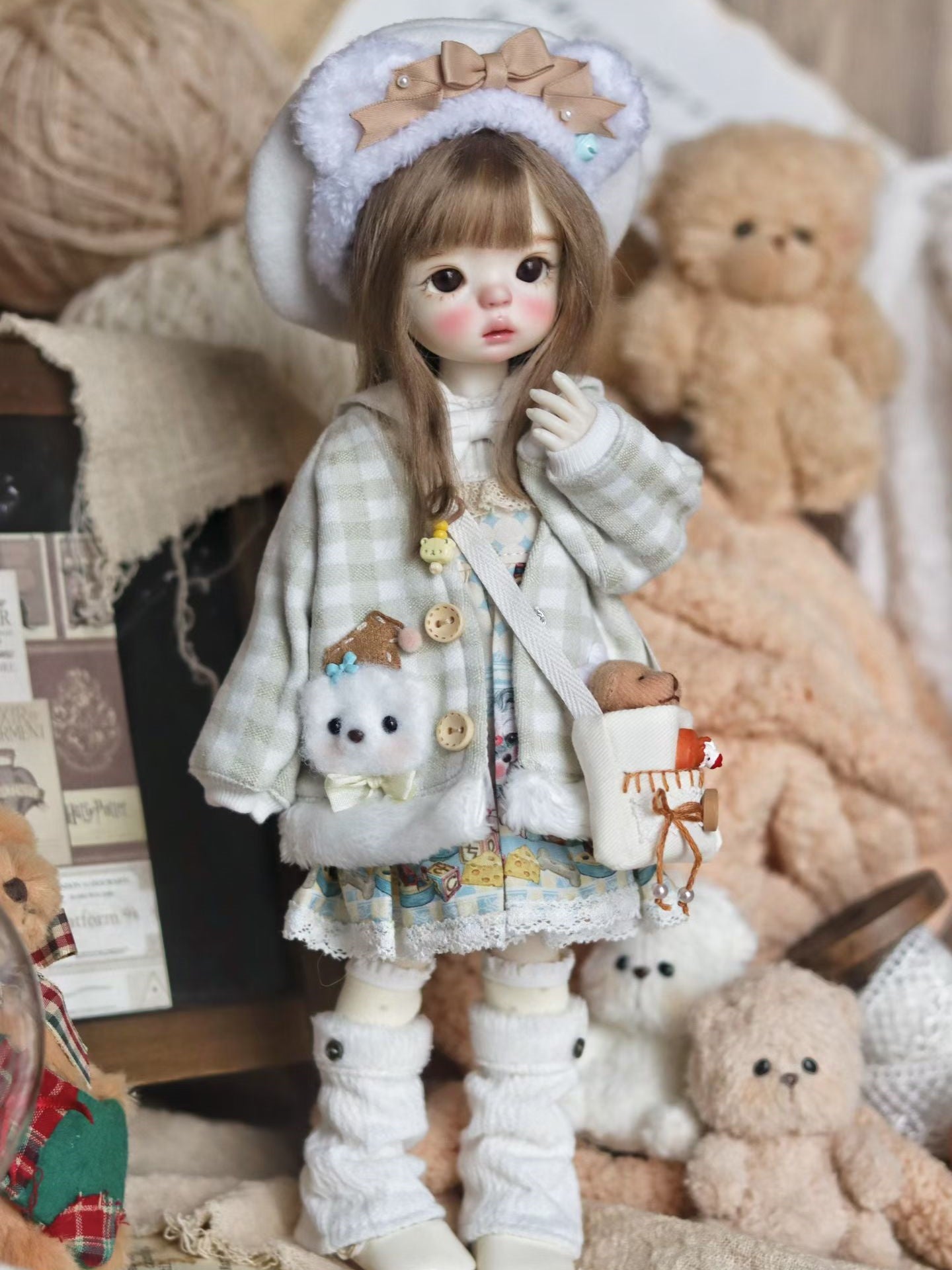 Handmade Outfit for BJD, Bear Plaid Outerwear Cartoon Dress Set
