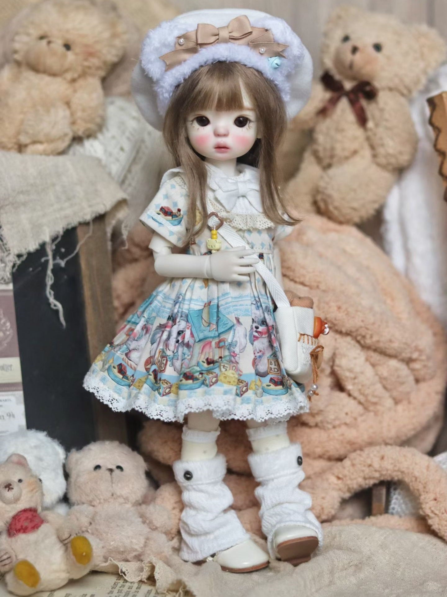 Handmade Outfit for BJD, Bear Plaid Outerwear Cartoon Dress Set