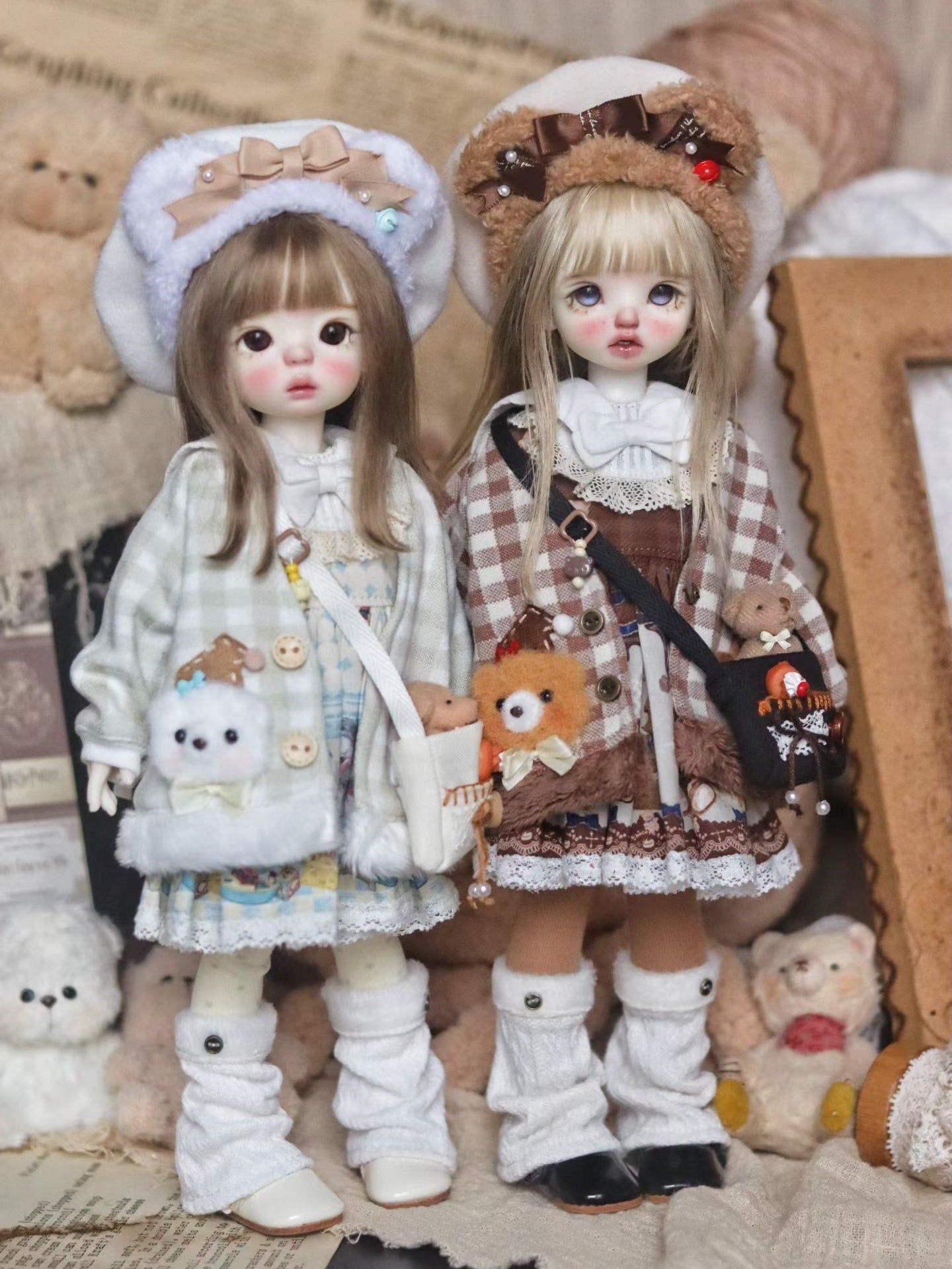 Handmade Outfit for BJD, Bear Plaid Outerwear Cartoon Dress Set
