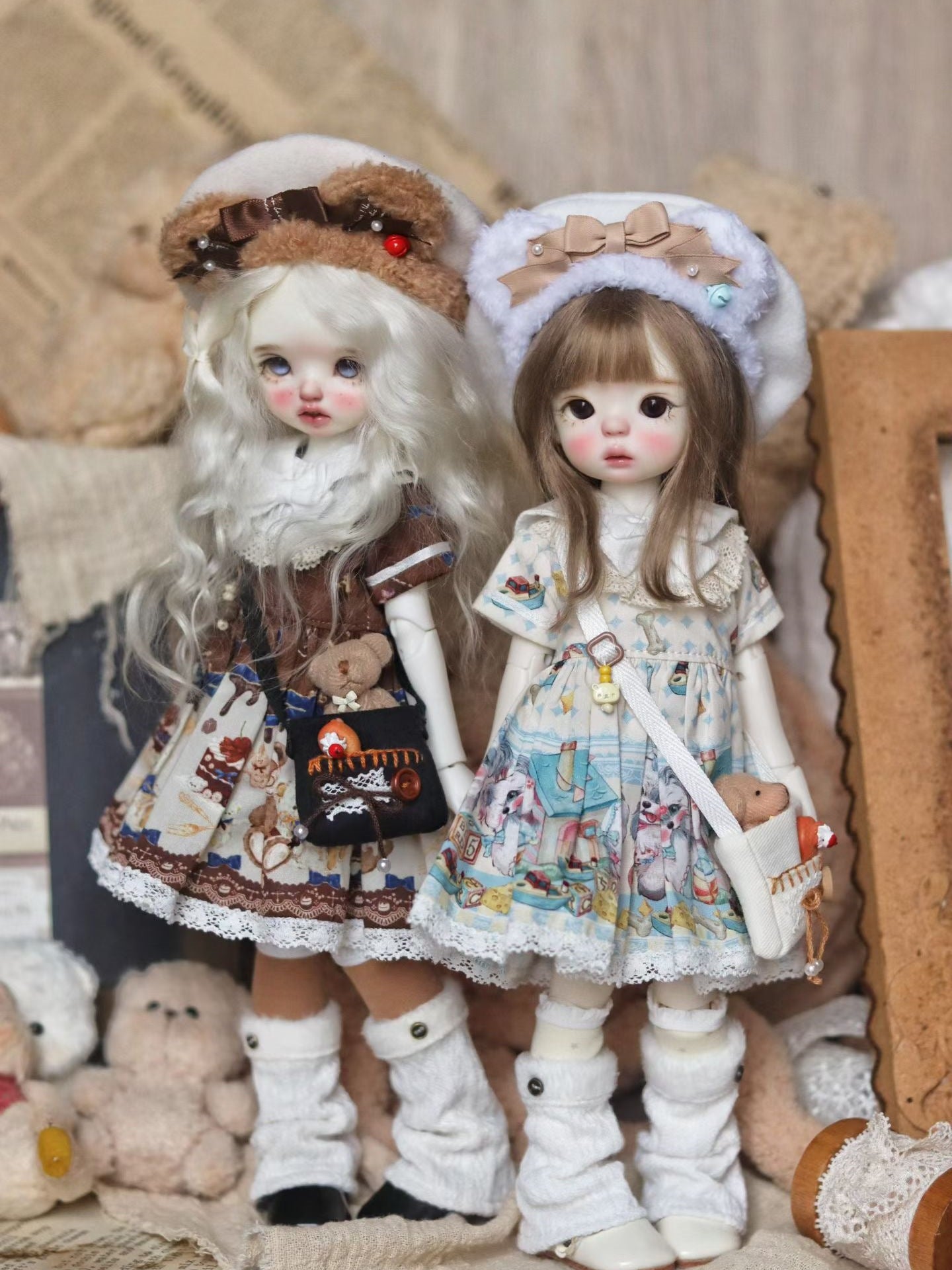 Handmade Outfit for BJD, Bear Plaid Outerwear Cartoon Dress Set