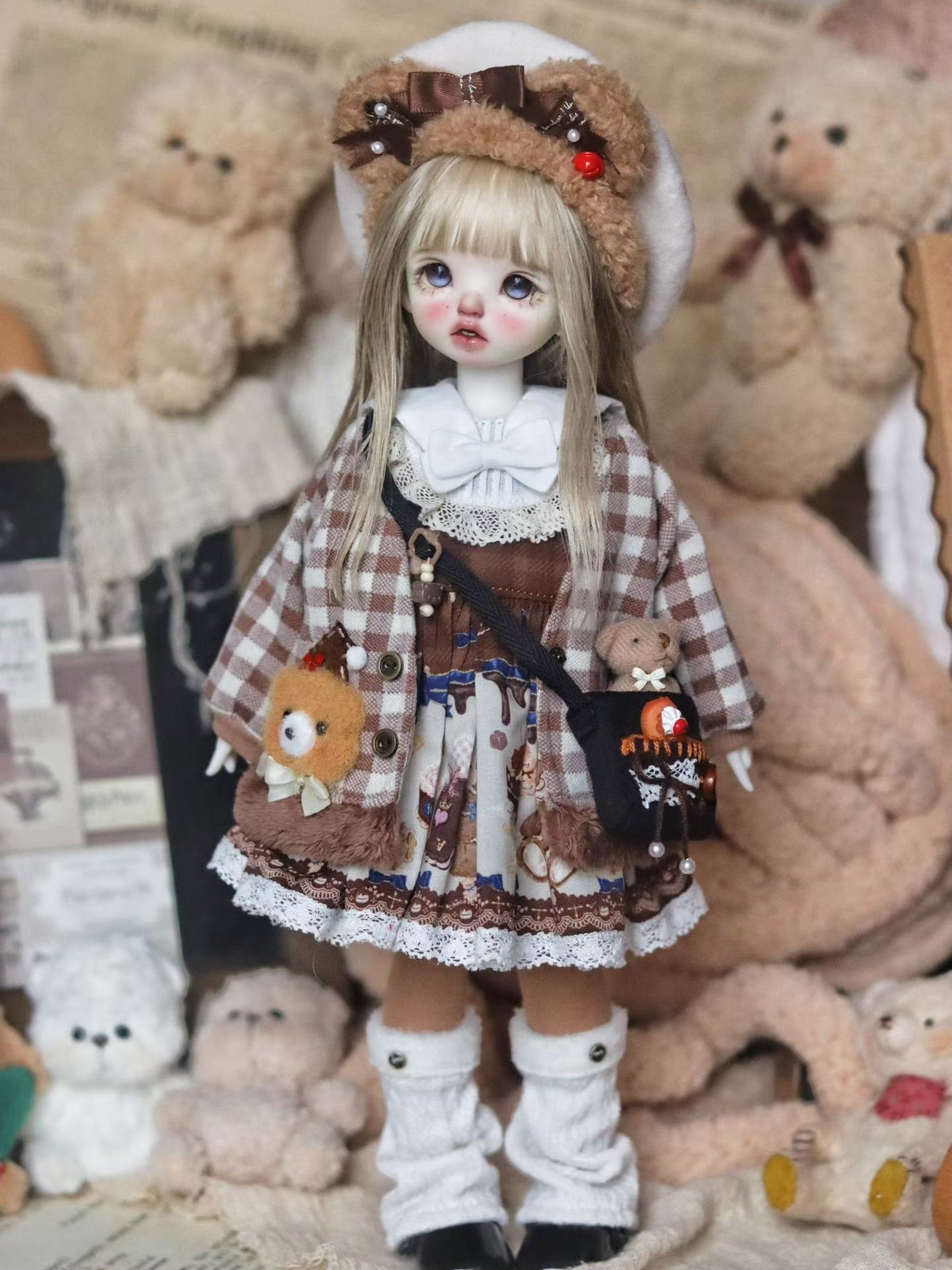 Handmade Outfit for BJD, Bear Plaid Outerwear Cartoon Dress Set