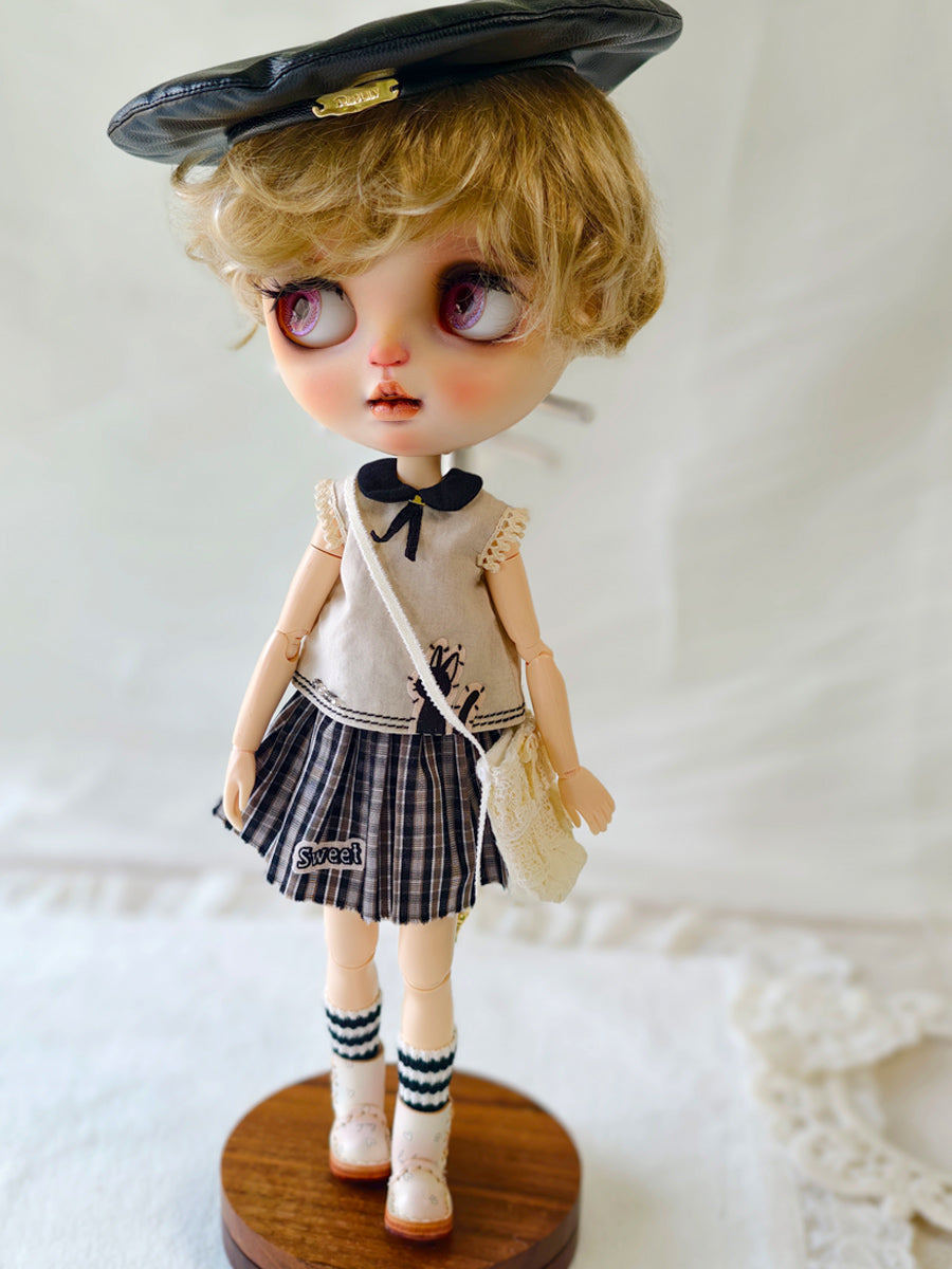 Handmade Outfit for Blythe/Obitsu/Pullip, Sleeveless Top Plaid Mini Skirt Set