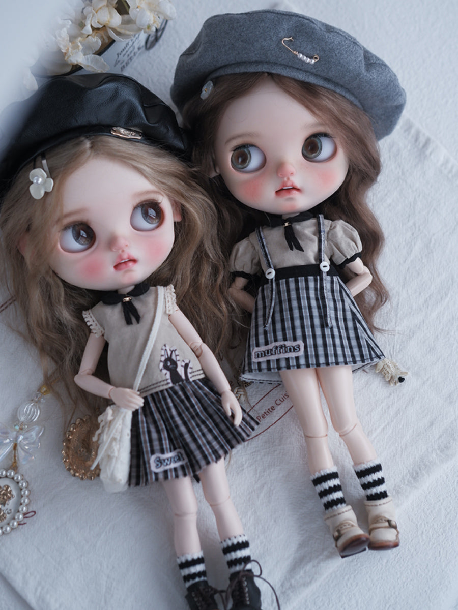 Handmade Outfit for Blythe/Obitsu/Pullip, Sleeveless Top Plaid Mini Skirt Set