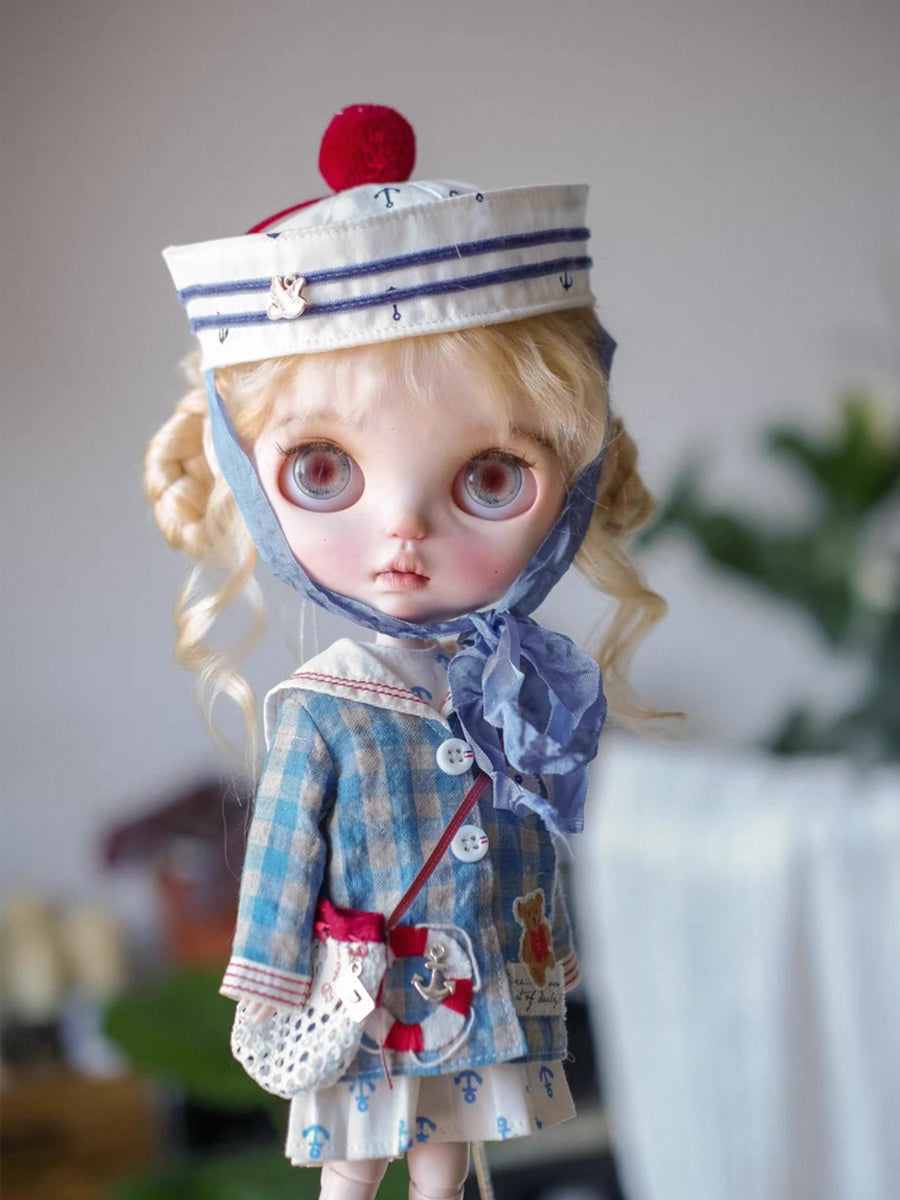 Handmade Outfit for Blythe/Obitsu/Pullip, Blue Plaid Navy Set