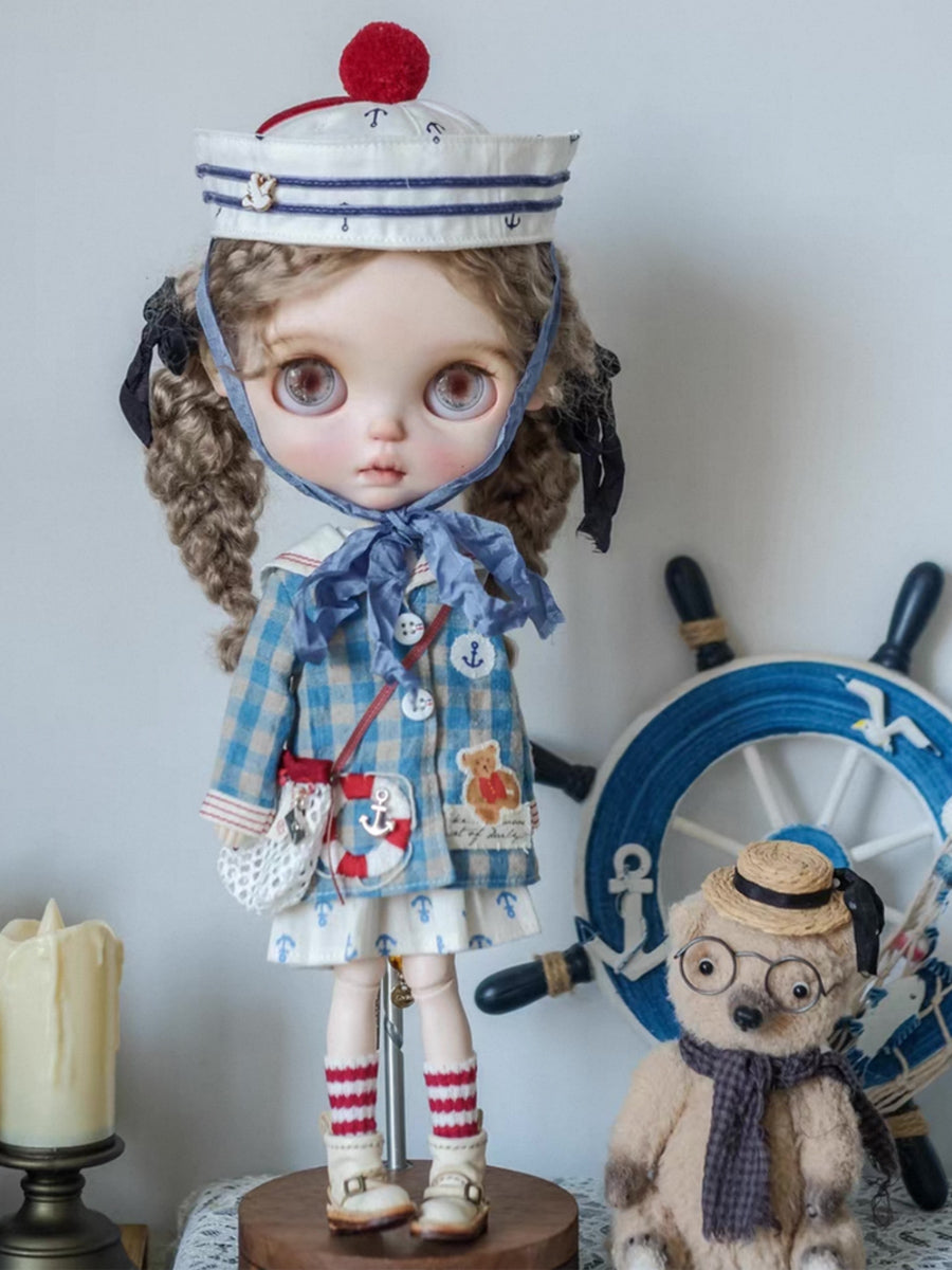 Handmade Outfit for Blythe/Obitsu/Pullip, Blue Plaid Navy Set