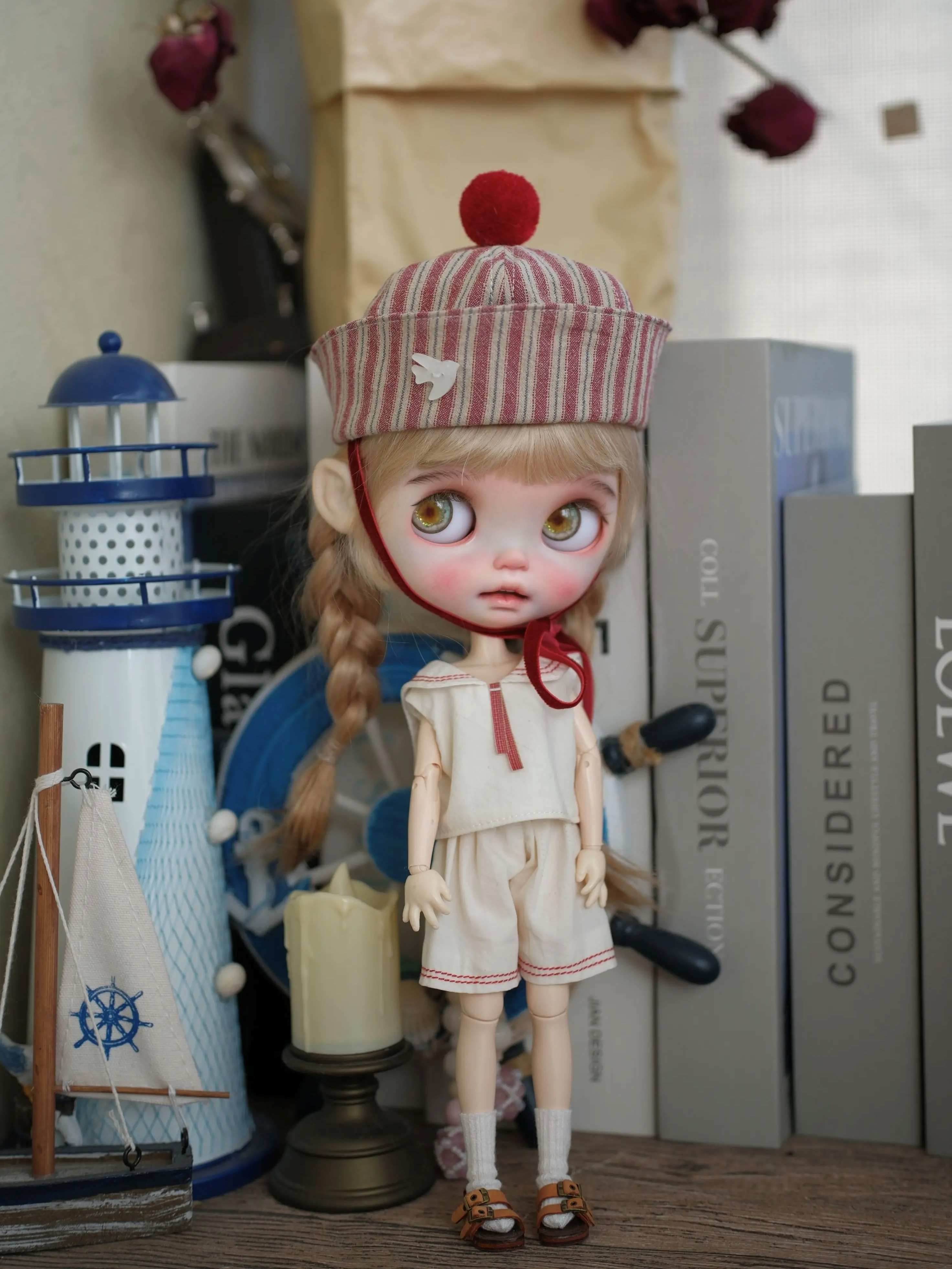 Red Minimalist Sailor Blythe Outfit Set On Doll Display | ToastDoll