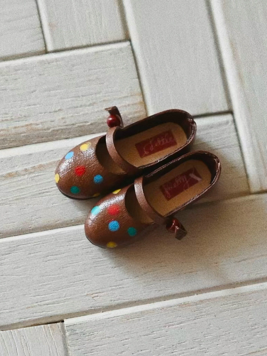 Hand-painted Leather Blythe Brown Colorful Polka Dot Mary Jane  | ToastDoll