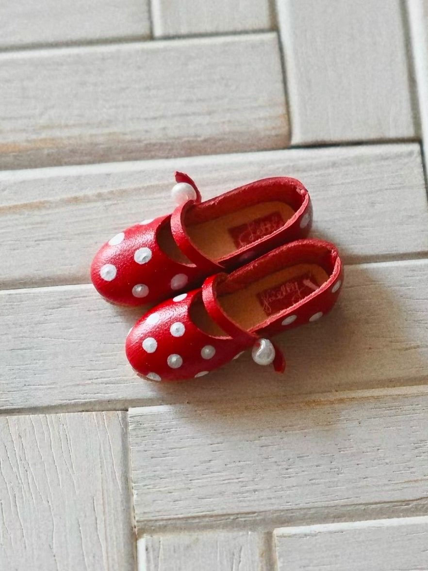 Hand-painted Leather Blythe Red and White Polka Dot Mary Jane  | ToastDoll