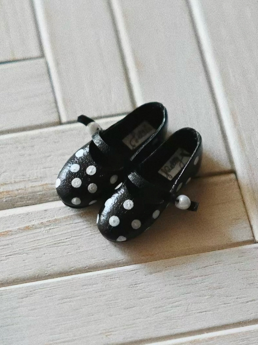 Hand-painted Leather Blythe Black and White Polka Dot Mary Jane  | ToastDoll
