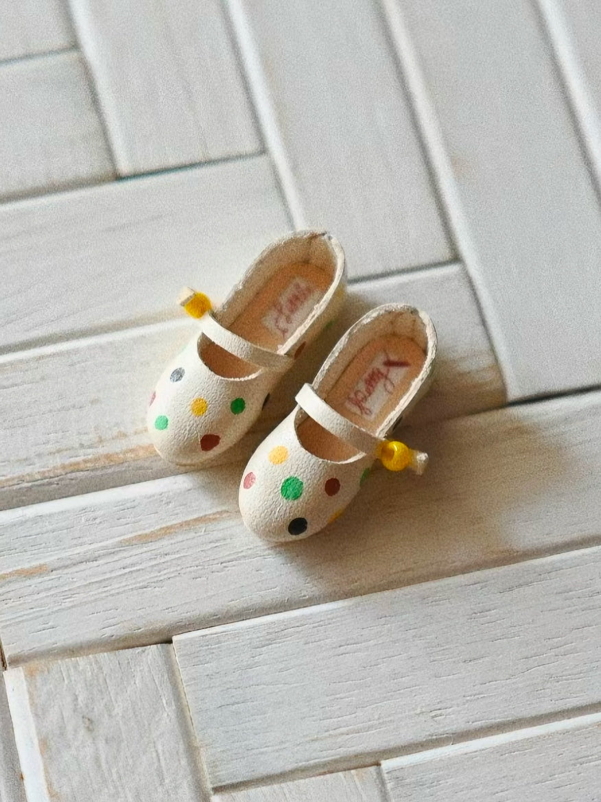 Hand-painted Leather Blythe Cream White Colorful Polka Dot Mary Jane  | ToastDoll