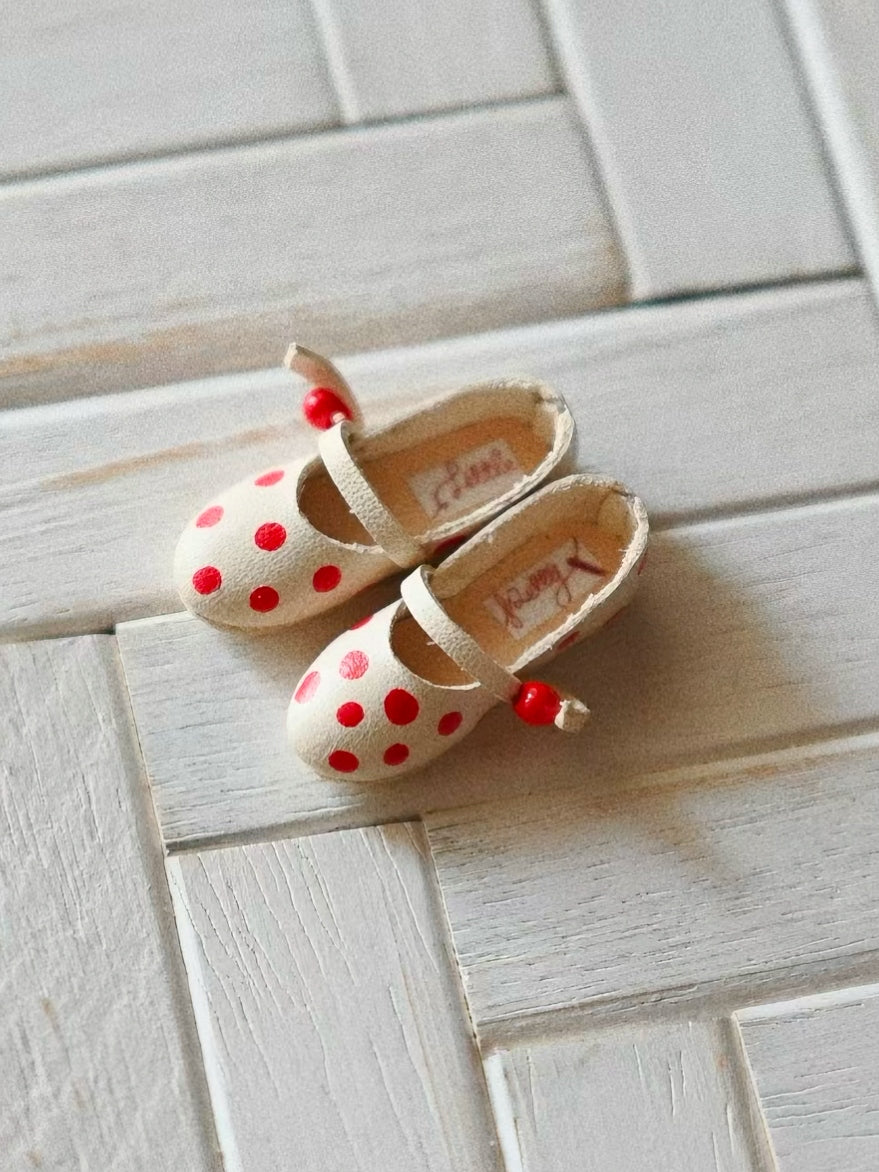 Hand-painted Leather Blythe Cream White Red Polka Dot Mary Jane  | ToastDoll