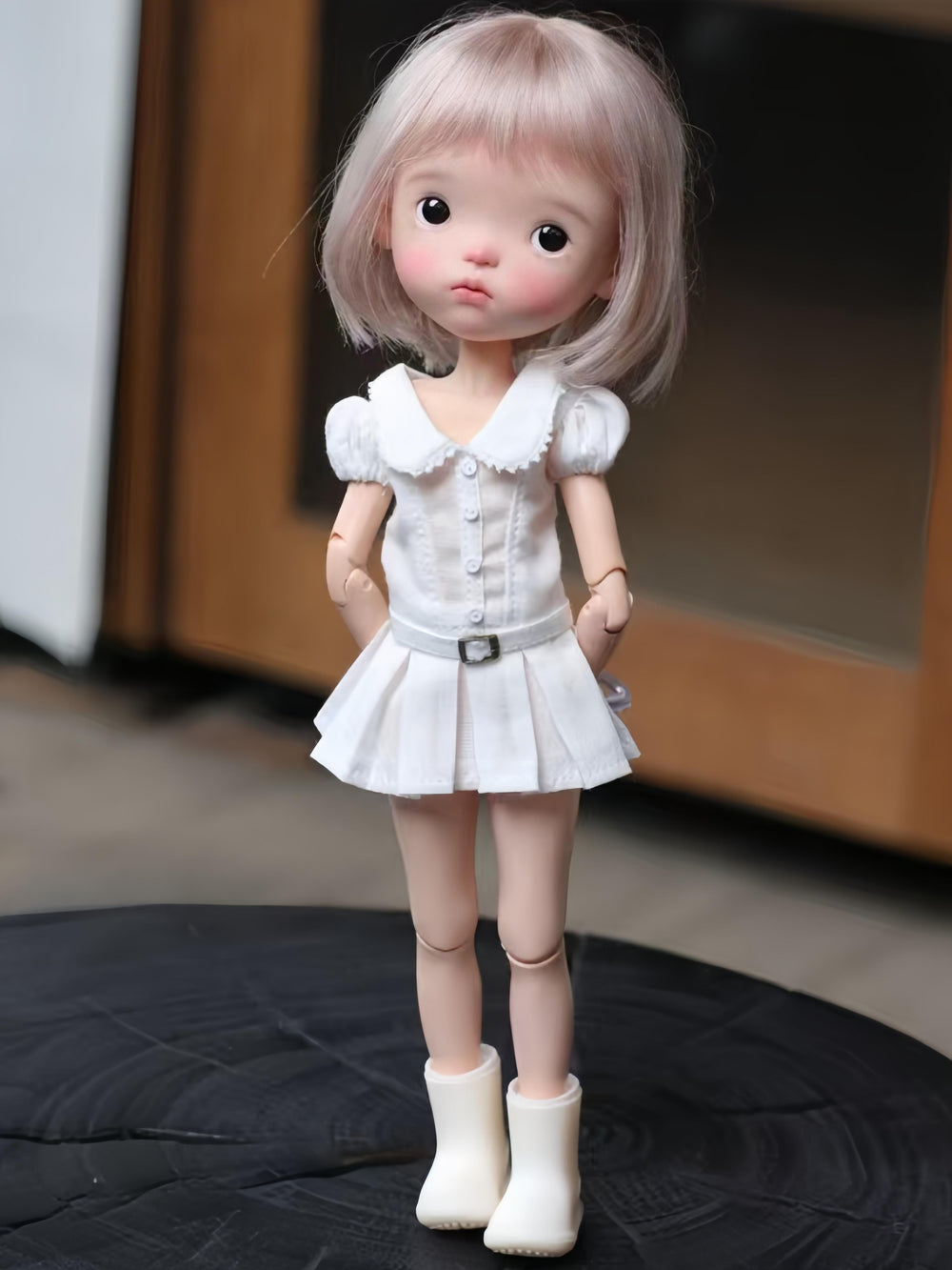 Preppy Belted Shirt Blythe BJD White Dress On Doll Display | ToastDoll