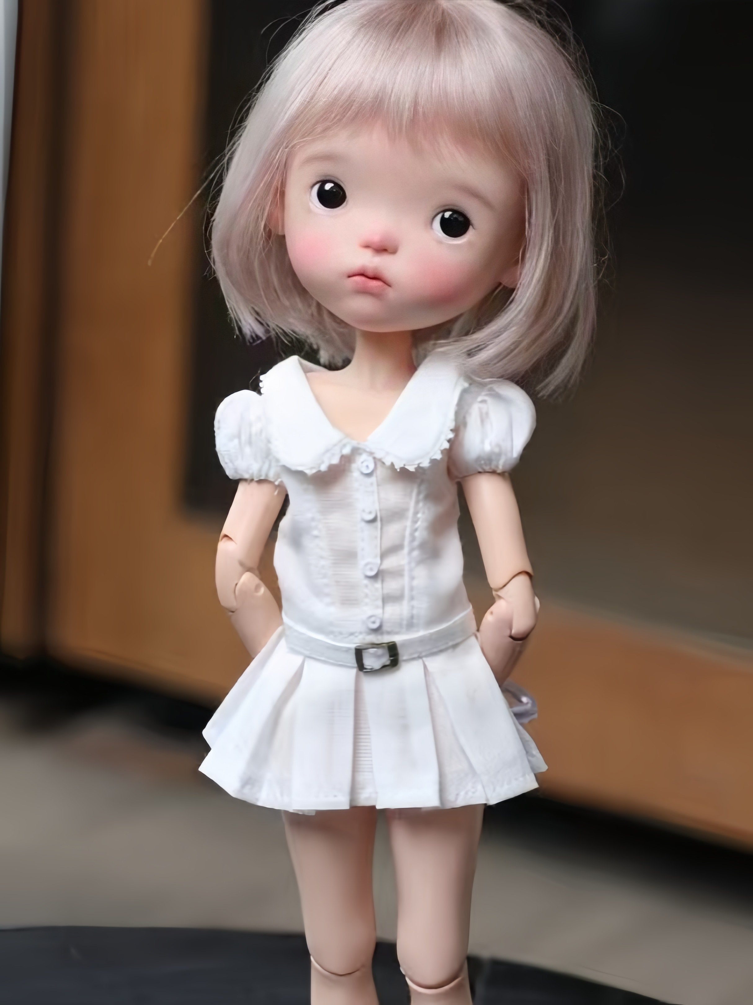 Preppy Belted Shirt Blythe BJD White Dress Half Body Shot | ToastDoll