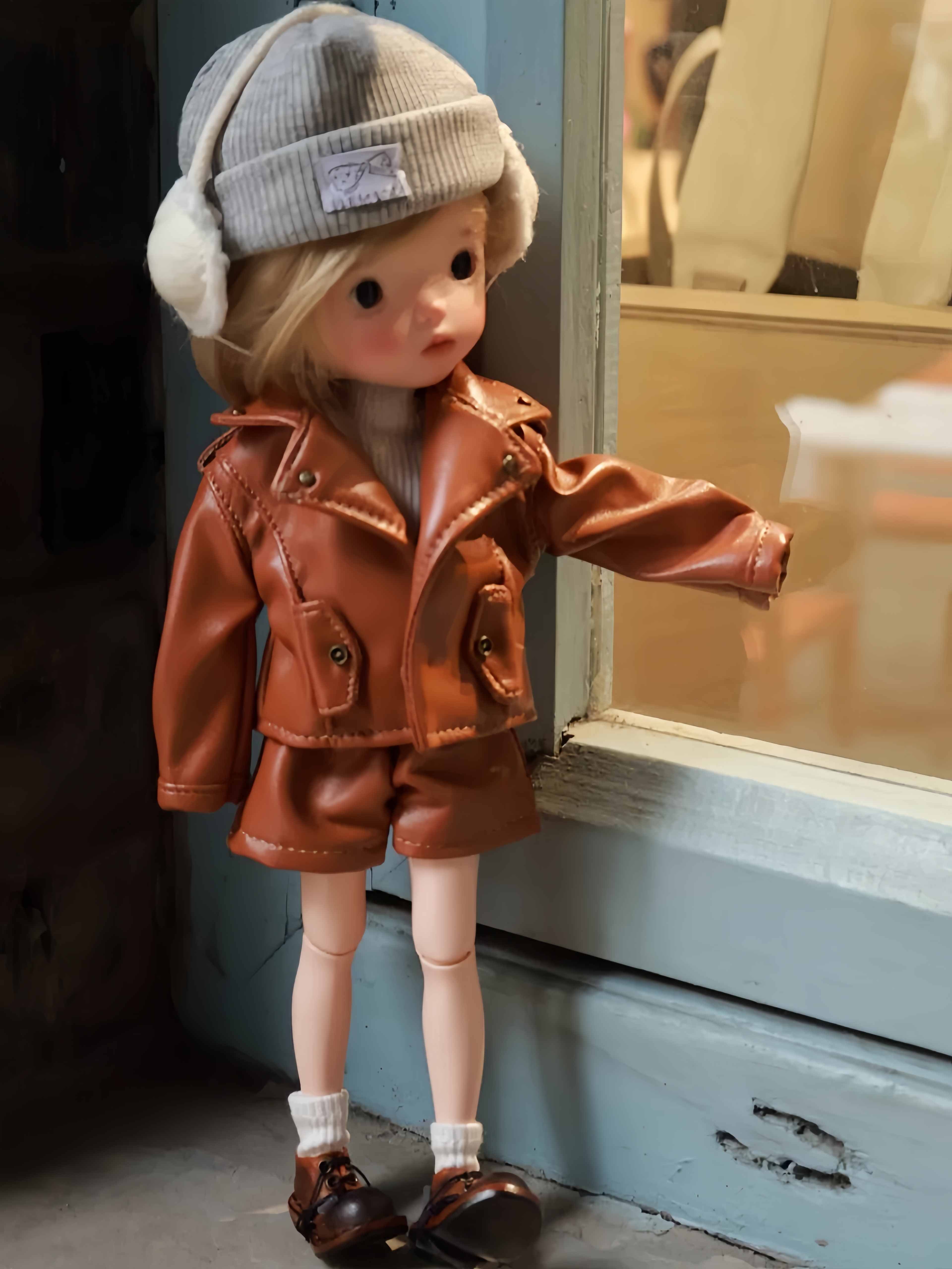 Brown Leather Jacket Blythe BJD Outfit Side View | ToastDoll