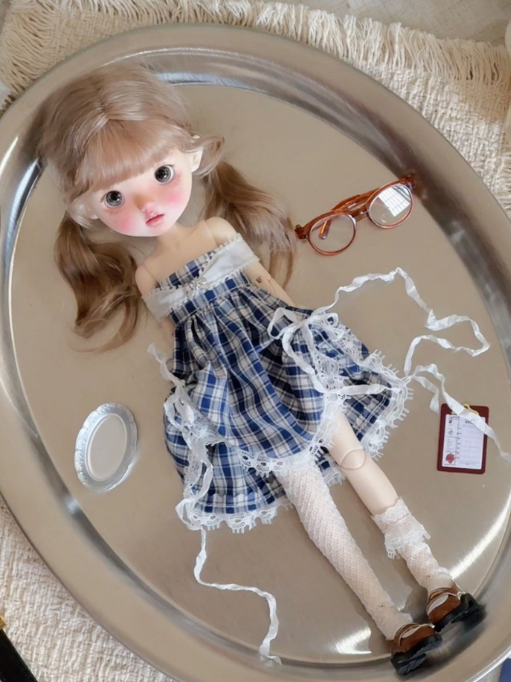 Off-Shoulder Plaid Blythe 1/6 BJD Mini Dress Full Body View | ToastDoll