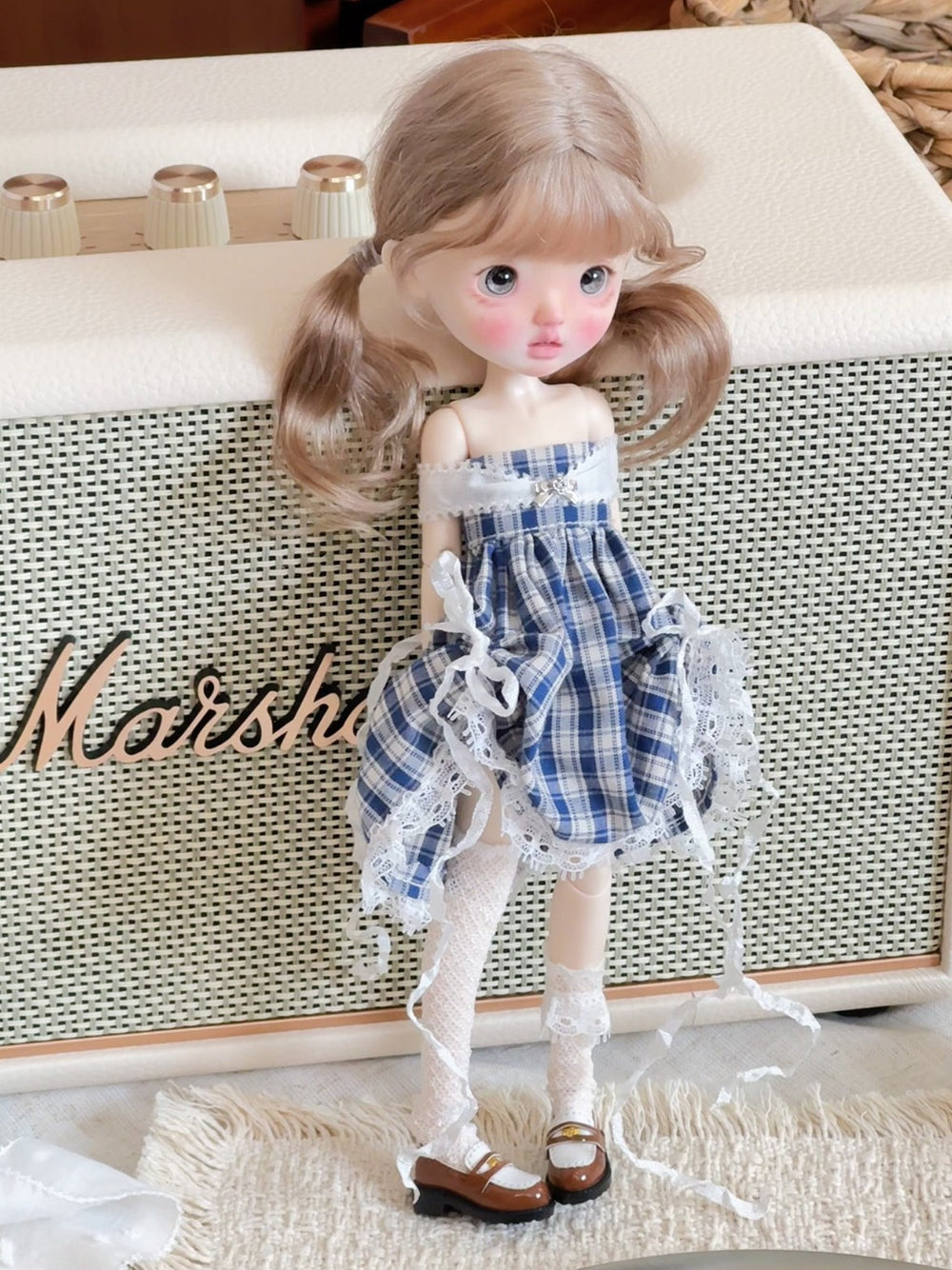 Off-Shoulder Plaid Blythe 1/6 BJD Mini Dress On Doll Display | ToastDoll