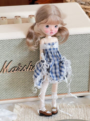 Off-Shoulder Plaid Blythe 1/6 BJD Mini Dress On Doll Display | ToastDoll