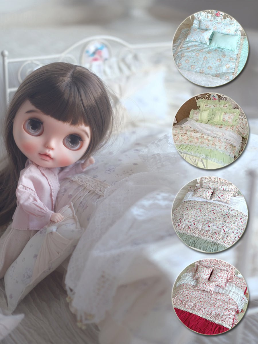 Handmade Doll Miniature Furniture, Bed and Bedding Set