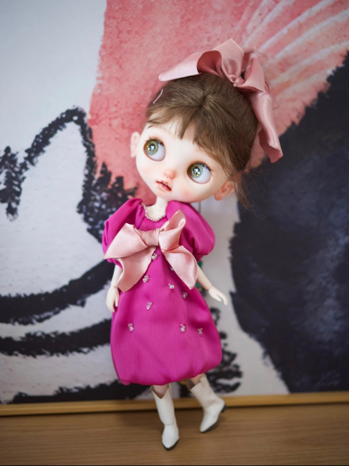 Handmade Outfit for Blythe/Obitsu, Fuchsia Acetate Bow Dress