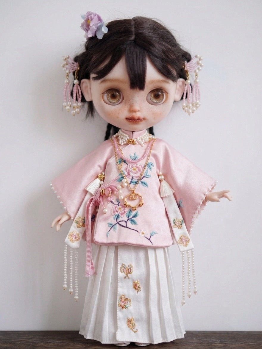 ⁠Pink Embroidered Chinese Blythe Set - Handmade Doll Clothes - ToastDoll