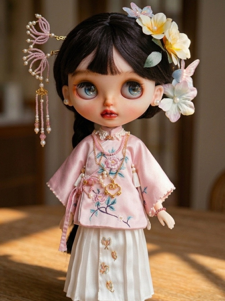 ⁠Pink Embroidered Chinese Blythe Set - Handmade Doll Clothes - ToastDoll