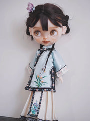 ⁠Blue Embroidered Chinese Blythe Set - Handmade Doll Clothes - ToastDoll