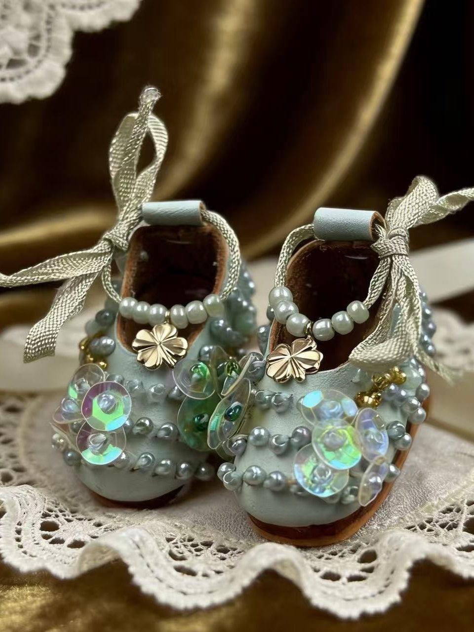 Pearl Sequin Ribbon Blythe Light Blue Flats | ToastDoll