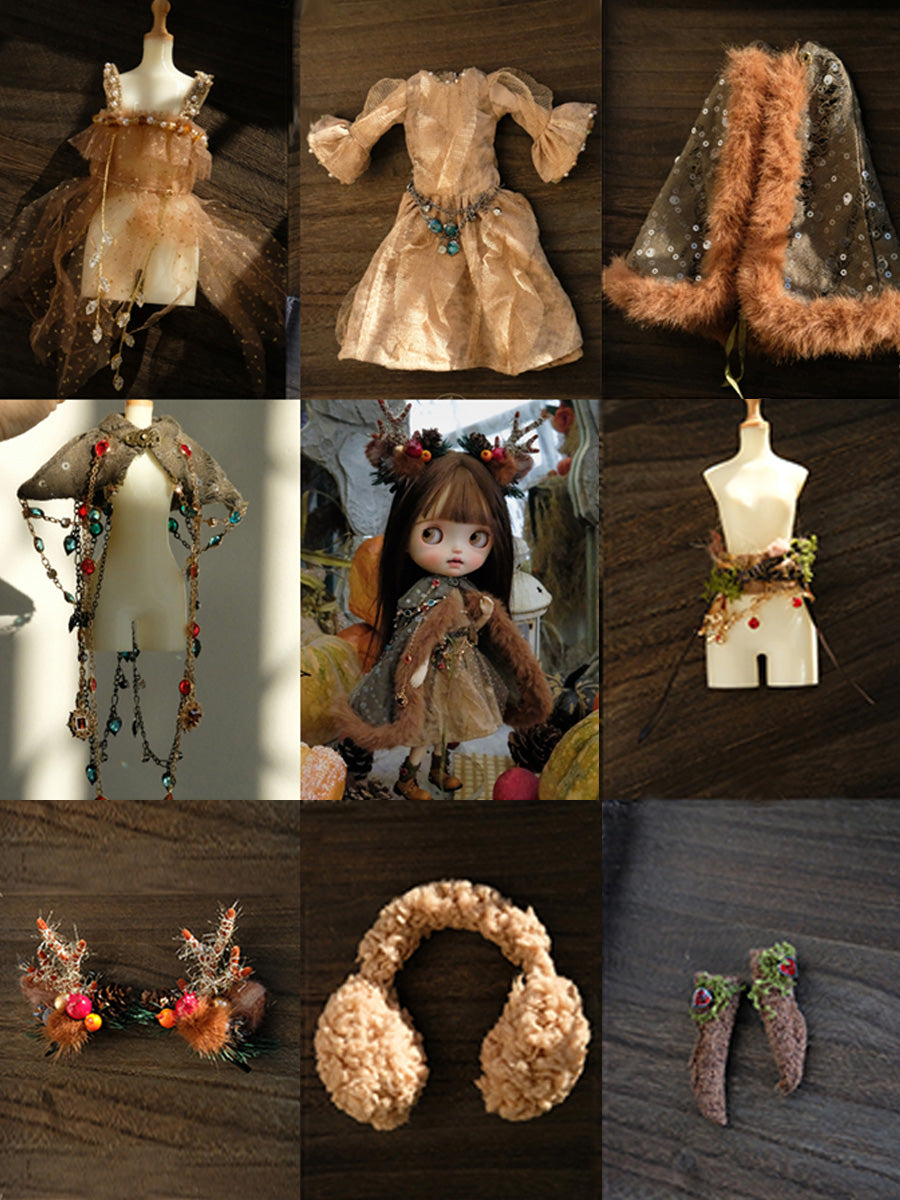 Handmade Outfit for Blythe/Obitsu, Woodland Faun Cape Dress Set