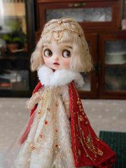 Handmade Outfit for Blythe/Obitsu, Rhinestone Chain Red Cape Dress Set